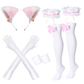 Wannsee Anime French Maid Apron Lolita Fancy Dress Cosplay Costume Furry Cat Ear Gloves Socks Set(Pink Plus Size 5XL)