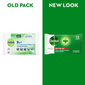 Dettol 2 in 1 Antibacterial Wipes, Hand And Surface On The Go Wipes, Total 135 Wipes (9 Packs x 15 Wipes)