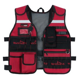 MELOTOUGH Tool Vest for Men Reflective Safety Tool Vest with Removable Phone Holder,Retractable Pen Holder for Electrician,Construction,Carpenters(Red)