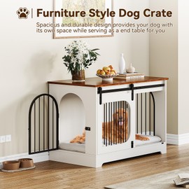Dog Crate Furniture, 39.4" Dog Kennel for Dogs Up to 70 Lb, with Bed Mat, Heavy-Duty Dog Cage End Table, Three Doors Dog House, White/Brown