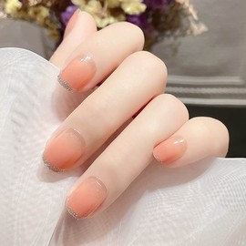 RikView Short Press on Nails French Fake Nails Nude Nails Square Acrylic Nails with Glitter Design