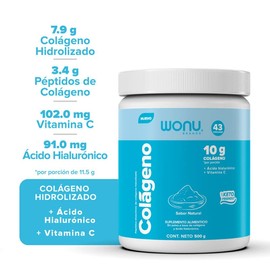 WONU, Colágeno Hidrolizado Presentación en polvo, 500 g, Péptidos de colágeno, Ácido hialurónico, Vitamina C, Sabor natural.