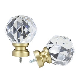 ILAISIHOME Decorative Curtain Rod Finials Luxury Crystal-clear Faceted, Round, Set of 2, Compatible with 1'' or 1-1/8'' dia curtain rod, Standalone finial pair,Gold
