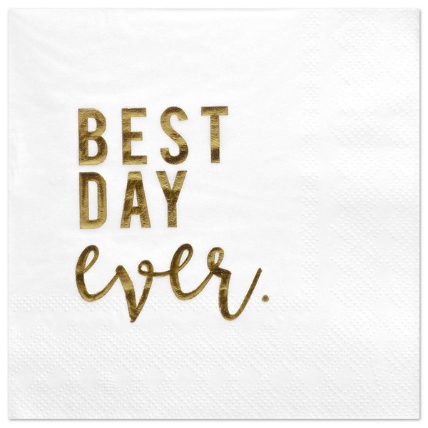 Ravizat Andaz Press Best Day Ever, Funny Quotes Cocktail Napkins, Gold Foil, Bulk 50-Pack Count 3-Ply Disposable Fun Beverage Napkins for Engagement Party, Bridal Shower, Wedding Reception Bar