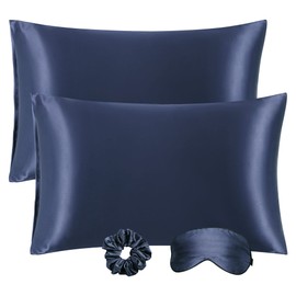 PiccoCasa Satin Cushion Cover with Envelope Closure for Hair and Skin, Set of 2 Cushion Covers, 51 x 66 cm, Cuddly Pillowcases for Sleeping Pillow, Decorative Cushion, Navy Blue