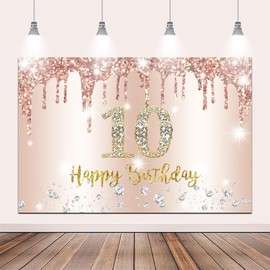 Canessioa 7x5ft Happy 10th Birthday Backdrop Rose Gold 10 Years Old Birthday Backdrop Banner for Women, 10th Birthday Party Suppiles Photography Background, Pink 10th Old Bday Poster Photo Decor