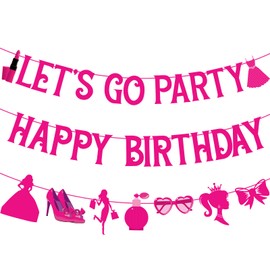 Let's Go Party Happy Birthday Banners for Women, Hot Pink Princess Banners for Girl Doll Theme Party Ladies Birthday, Cute Photo Backdrop, 21st Bday Supplies