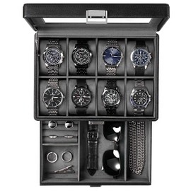 ProCase Watch Box for Men, Jewelry Organizer Box with Drawer, Display Storage Case with Glass Lid -Black, 8 Slot