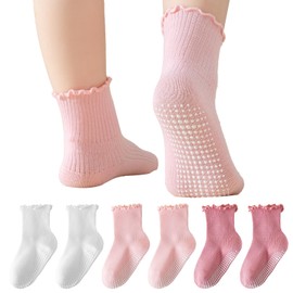 BISOUSOX - Calcetines antideslizantes con volantes para niñas y niñas, con agarre de volantes blancos, con empuñaduras, 0-6-12 meses, 1-5T, 6 pares-gripsocks-2white+4pink, 1-3 Años