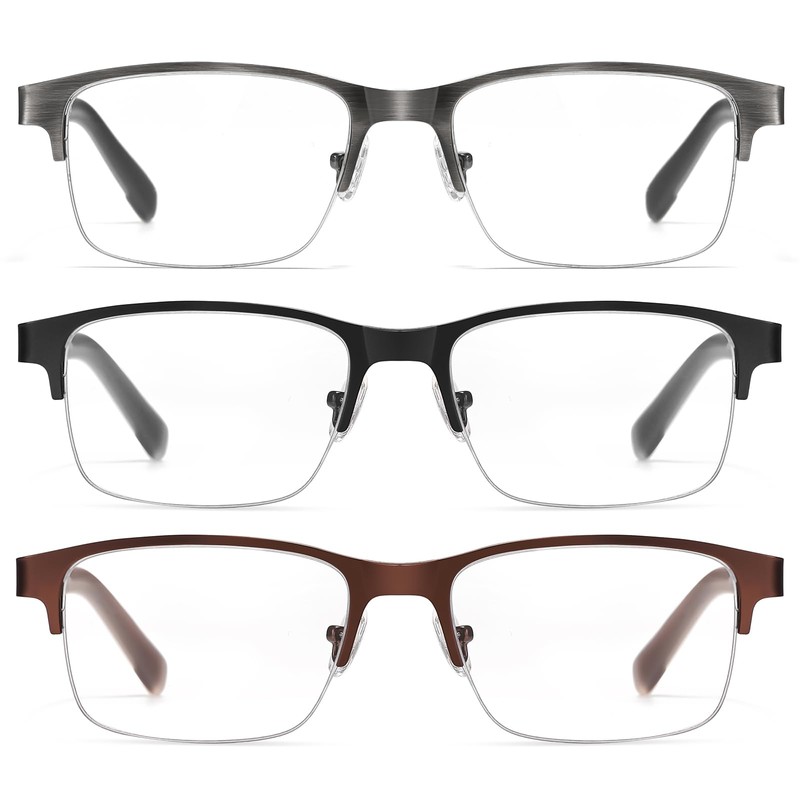 SUNAMOY 3 Pack Extra Wide Metal Reading Glasses Men, Half