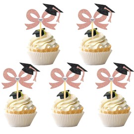 24 Pcs Gold Bow Graduation Cupcake Toppers, Grad Bow Cupcake Picks- Class of 2025 Cupcake Toppers for Graduation Party Decorations (Rose Gold)