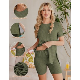 Ekouaer Ekouaer Women's Maternity 2 Piece Set Outfits Short Sleeve Shirts and Biker Shorts Sets Pregnancy Pajamas Mama Clothes Army Green S