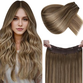 LaaVoo Invisible Secret Wire Extensions Real Hair Brown Ombre Extensions Real Hair with Wire Light Brown Balayage Golden Blonde Fish Line Real Hair Extensions Straight 80 g 45 cm #8/16/8