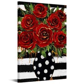 KREATIVE ARTS Pop Art Red Rose Canvas Wall Art 24x36 Inches Vertical Floral Painting Modern Striped Background Black White Polka Dot Vase Bold Botanical Print for Guest Room Hallway Decor