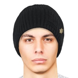 Dahlia Men's Beanies - Wool, Knit Winter Hat, Fleece Lined, Basketweave, Black