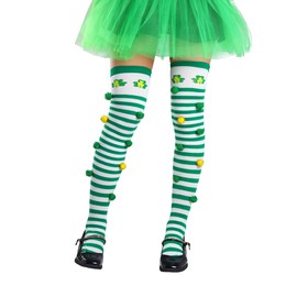 CanB St. Patrick's Day Thigh High Stockings Green Over Knee High Socks Shamrock Striped Knee Long Stockings Irish Costume (Nylon, F)