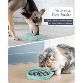 Coomazy 2-in-1 Silicone Slow Feeder Dog Cat Bowls, Lick Mat Interactive Puzzle Toy for Pets Dry/Wet Food Training, Keeps Dogs Cats Busy, Prevents Puppy Kitty Overeating (Cyan, 1.2 Cup)