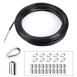 Amadget Stainless Steel Black Wire Rope, Globe String Lights Hanging Kit, Cable Railing, Aircraft & Picture Hanging Kit Include 180 Ft Vinyl Coated Wire Cable and Accessories