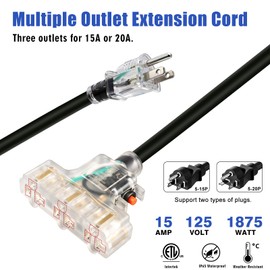 LOEMU 25FT 12 Gauge Outdoor Extension Cord with Multiple Outlets Black