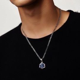 AWNL Men's Dumortierite Necklace for Men Sterling Silver Hexagonal Pendant Necklace with Stainless Steel Chain 24 Inch Gift for Men