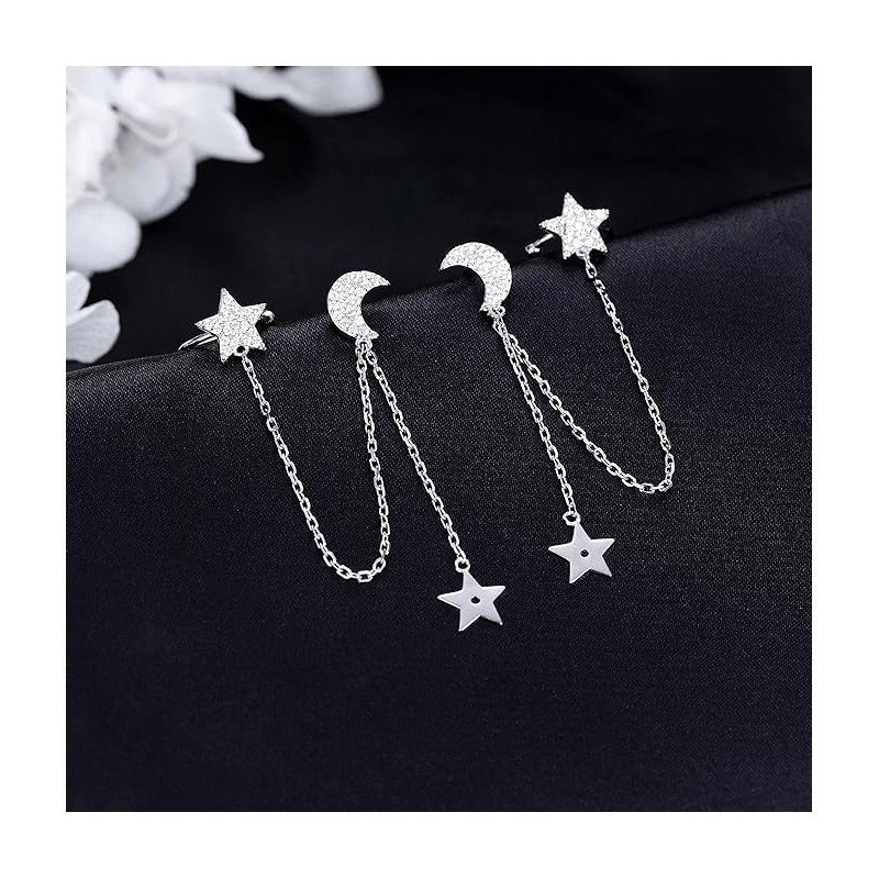 925 Sterling Silver Cuff Earrings Chain for Women Asymmetric Star