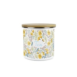Purely Home Daisies Floral Tea Storage Canister - Flowers Design Metal Enamel Medium Sized Food Storage Container