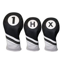 Majek Golf Headcovers Black and White Leather Style 1, H, X Driver Hybrid and Fairway Head Covers Fits 460cc Drivers