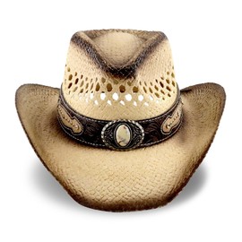 Men's Western Cowboy Hat Classic Style Straw Sun hat,Women's Cowgirl Hat Unique Faux Leather Rivet Decoration (US, Alpha, One Size, X-Large, Beige-A)