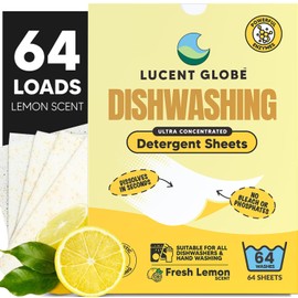 Lucent Globe Dishwasher Dishwashing Detergent Sheets, Dish Soap & Dishwashing Tablets Alternative. Plant-Based, Eco-Friendly, Lemon Scent & Plastic Free Packaging (64 Sheets)