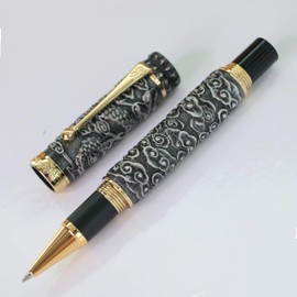 JinHao Vintage Dragon Rollerball Pens For Signature Writing with Pen Pouch - Heavy Big Pen Grey Silver