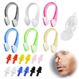 AUEFUDQ Swimming Nose Clip, 6 Pieces Silica Gel Nose Clip with 6 Pairs of Ear Plugs, Swimming, Swim Training, Nose Protection, Waterproof Nose Clip with Storage Box for Children Adults