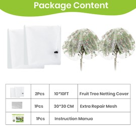 2Pcs Large 10x10FT Fruit Tree Netting with Zipper, Drawstring - Mesh Bags Covers for Garden Protection - Insect Bird Tree Nets for Fruit Trees, Blueberry Bushes, Flower and More
