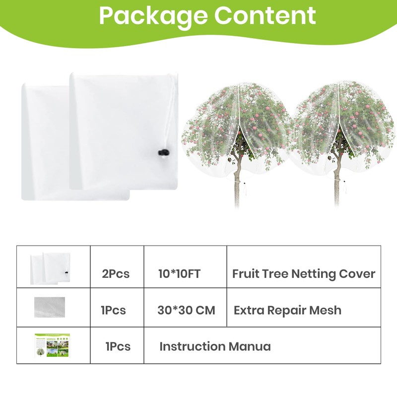 2Pcs Large 10x10FT Fruit Tree Netting with Zipper, Drawstring -
