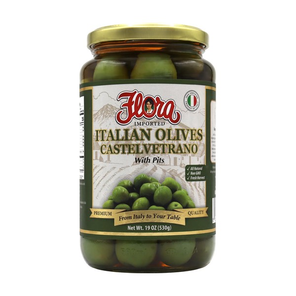 Flora Foods Italian Olives Castelvetrano with Pits | Sicilian Olives | 19 oz (530g) | 100% Italian | All Natural | Non GMO | Fresh Harvest