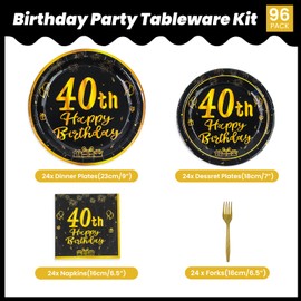 BOKFJBP 40th Party Plates and Napkins Forks-96PCS 9" Black&Gold Birthday Paper Dinner Plates 7'' Tableware Disposable Nakpins Forks Cheers to 1985 for Anniversary Party Supplies Women Men Serve 24