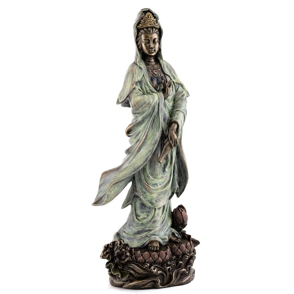 Top Collection Quan Yin Statue on Lotus Pedestal - Kwan Yin Goddess of Mercy, Compassion, and Love Sculpture in Premium Cold Cast Bronze- 12.25-Inch Collectible Bodhisattva Avalokitesvara Figurine
