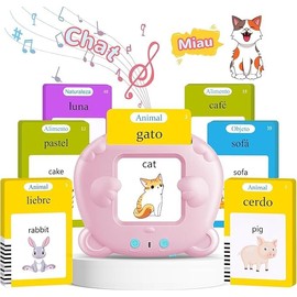 Spanish And English Talking Flash Cards for Toddlers, Learn Spanish and English, 224 Words, Animal Sounds, Early Language Learning Toy for 1 2 3 4 5 6 Years (Pink Flash Card, One Size)