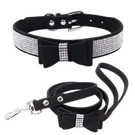 Dog Collar + Leash Set for Small Pet Dog Cat Puppy Collar Rhinestone Cute Dazzling Sparkling Soft Velvet Leather Black S