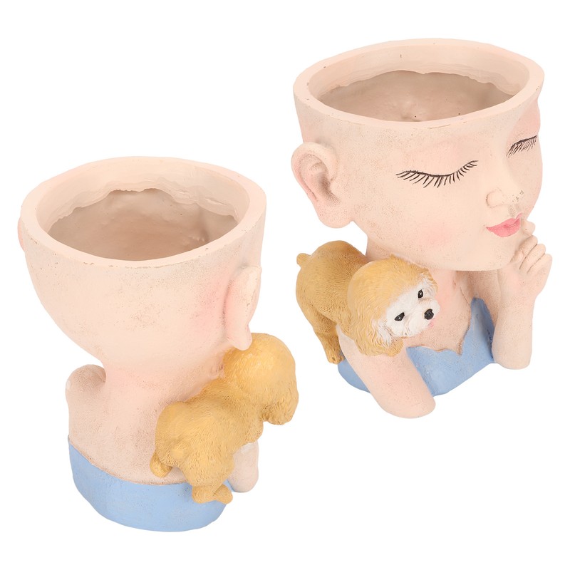 Flower Pot Girl and Dog Cute Style Bottom Drainage Hole