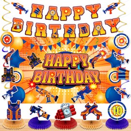 Dart Battle Birthday Party Decorations,Dart War Birthday Party Supplies Include Dart Gun Happy Birthday Banner and Backdrop,Hanging Swirls Streamers,Honeycomb Centerpieces for Boys Kids Birthday Decor