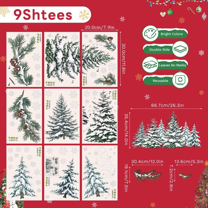 Joeyan Christmas Tree Window Clings Decoration, 9 Sheets Double-Sided Décor