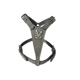 Grey Leather Dog Harness Medium with French Bulldog Head Motif