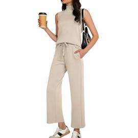 Casly Lamiit Lounge Set for Women Summer Outfits Mock Neck Tank Top Airport Matching Sets High Waisted Crop Pants Tracksuit 2025 Fashion Dressy Work Travel Clothes Beige L