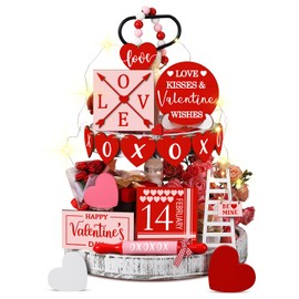 15 Pcs Valentine's Day Tiered Tray Decor Set, Heart Table Top Decor Farmhouse Wooden Block Signs Rolling Pin Wood Beads Garland Decor with LED String Lights for Valentine Home Kitchen Decorations