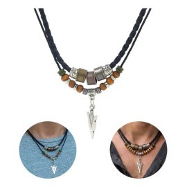 Krelvixos Collar Hombre Vikingo Dije Flecha Vikinga Estilo Nórdico Tribal con Cuentas de Madera y Cordón de Cuero Trenzado, Longitud Ajustable