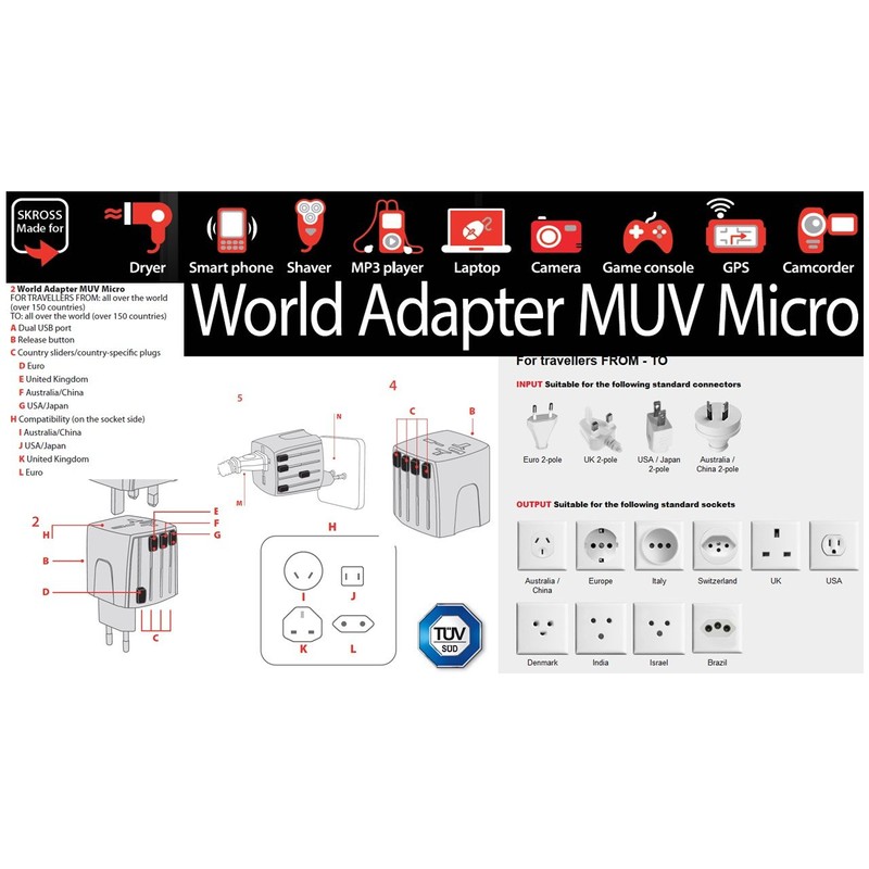 Skross World Travel Adapter Muv Micro Swiss Design. Smallest 2-Pole