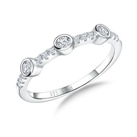 3 Stone Stackable Band Ring 925 Stamped Rhodium Plated Sterling Silver 0.3 Cttw VVS Moissanite Promise Rings for Women, Size 9