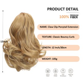 Webshaiy 12" Short Ponytail Extension, Claw Clip in Ponytail Hair Extensions Natural Curly Wavy Synthetic Fake Pony Tail Hair Pieces for Women Daily Use Ash Blonde