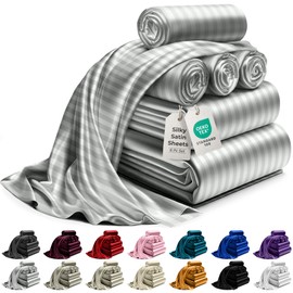 DECOLURE Satin Bed Sheets - 6 Piece Luxury Silky King Size Bedding Set - Softer Than Silk, Wrinkle-Free with 15” Deep Pocket Fitted Sheet, Perfect for Hair & Skin, Gifts for Women (Striped Grey)
