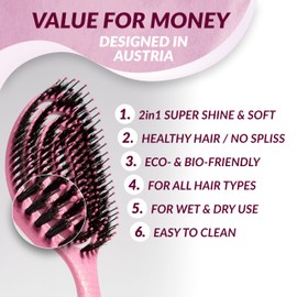 MarQus Organic Hair Brush with Boar Bristles and Spiral Spring - Detangling Brush for Any Hair Type for Shine and Volume - Hair Brush without Pulling, Colour Pink